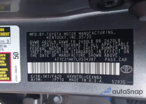 2020 Toyota Camry Le Hybrid from USA, damaged, VIN 4T1C31AK7LU534387